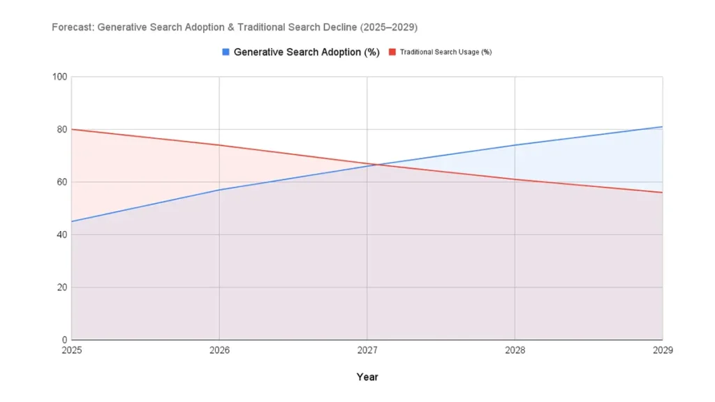 2025~2029년 동안 생성형 검색의 활용 비중은 꾸준히 증가하며, 전통적 키워드 기반 검색은 점진적으로 감소할 것으로 전망된다.