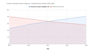 2025~2029년 동안 생성형 검색의 활용 비중은 꾸준히 증가하며, 전통적 키워드 기반 검색은 점진적으로 감소할 것으로 전망된다.