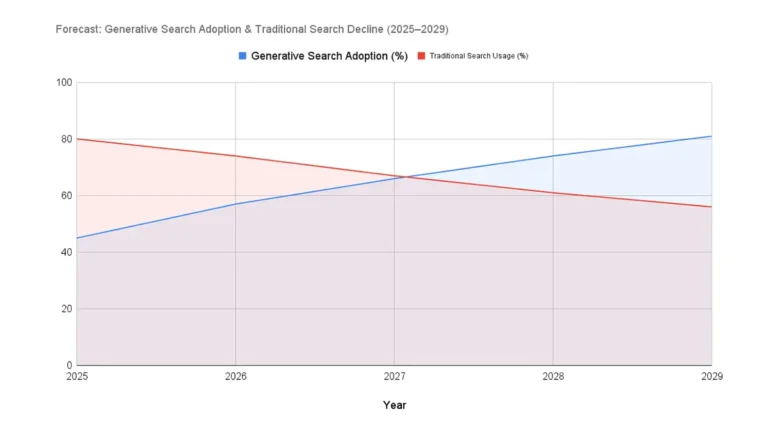 2025~2029년 동안 생성형 검색의 활용 비중은 꾸준히 증가하며, 전통적 키워드 기반 검색은 점진적으로 감소할 것으로 전망된다.