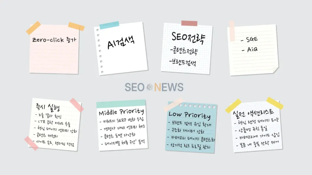 AI 검색 시대의 Zero-click 증가, SGE·AiQ 변화, SEO 전략과 우선순위 액션리스트를 요약한 메모형 인포그래픽