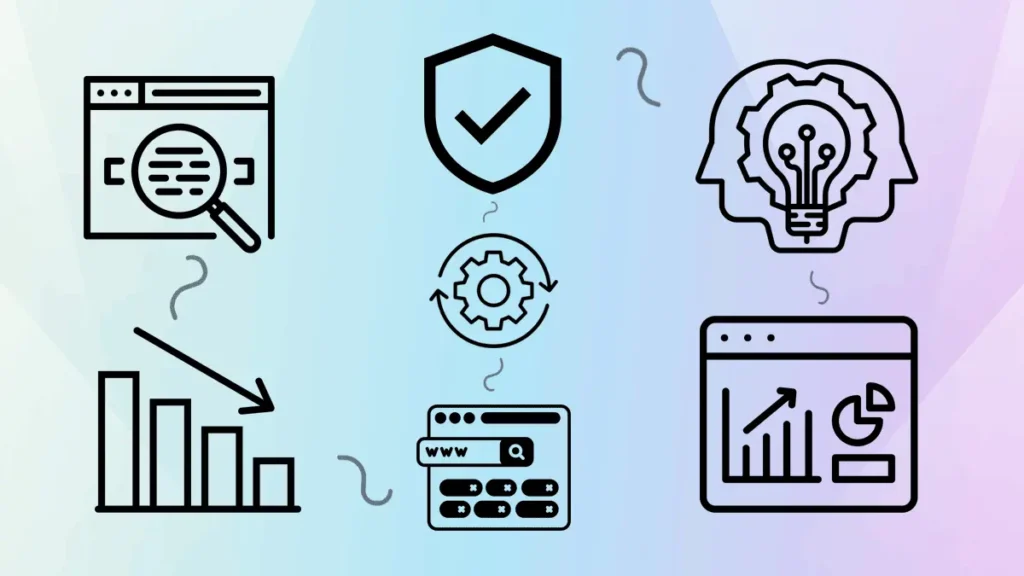AI 검색 도입 이후 웹 퍼블리셔 트래픽 감소와 구조화 정보 기반 GEO 전략 변화를 시각적으로 표현한 아이콘형 그래픽