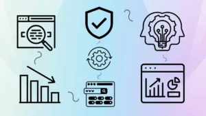 AI 검색 도입 이후 웹 퍼블리셔 트래픽 감소와 구조화 정보 기반 GEO 전략 변화를 시각적으로 표현한 아이콘형 그래픽