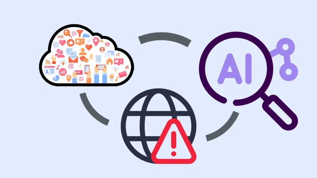 생성형 검색 확산으로 검색 클릭 감소와 웹사이트 트래픽 경고를 나타내는 AI·소셜·웹 연결 구조 일러스트