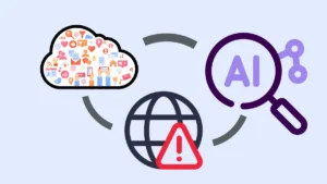 생성형 검색 확산으로 검색 클릭 감소와 웹사이트 트래픽 경고를 나타내는 AI·소셜·웹 연결 구조 일러스트
