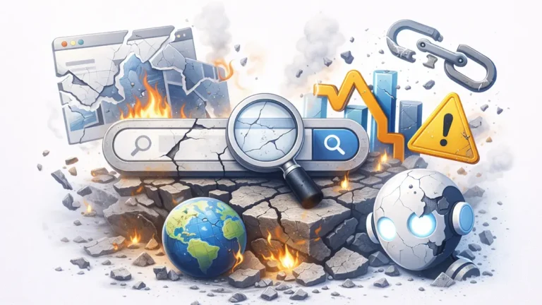 AI 검색 확산으로 제로 클릭 현상이 심화되며 기존 검색과 SEO 구조가 붕괴되는 상황을 표현한 이미지