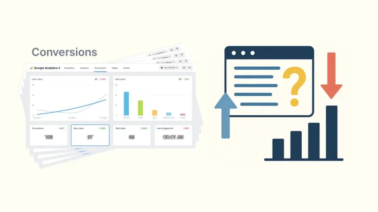 트래픽 증가에도 전환이 떨어지는 이유를 설명하는 GA4 대시보드와 콘텐츠 의도 불일치 시각 자료
