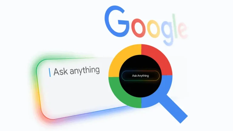 구글 검색창과 돋보기 아이콘이 함께 보이는 AI 기반 ‘Ask anything’ 검색 인터페이스 시각화 이미지