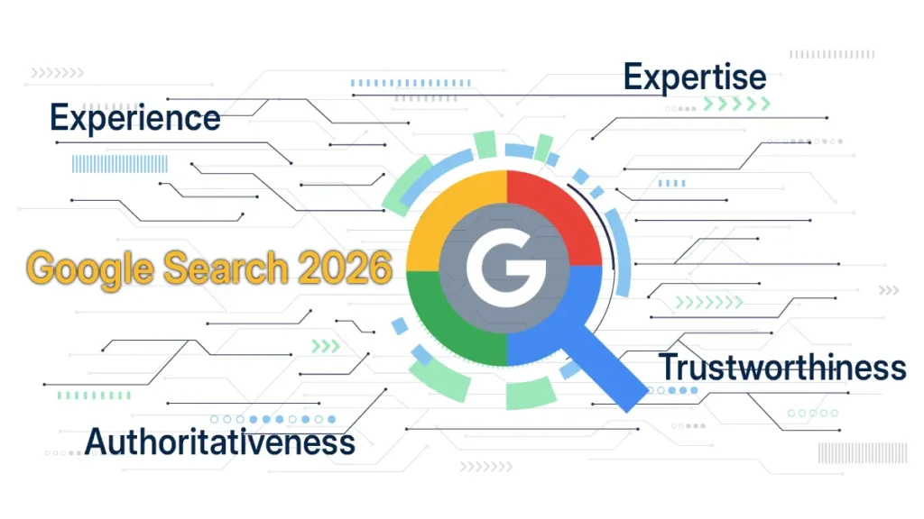 2026년 Google 검색 구조 변화를 시각화한 이미지로, 중앙의 구글 검색 아이콘을 중심으로 Experience, Expertise, Authoritativeness, Trustworthiness 등 E-E-A-T 요소가 네트워크 형태로 배치되어 있다.