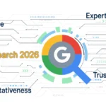 2026년 Google 검색 구조 변화를 시각화한 이미지로, 중앙의 구글 검색 아이콘을 중심으로 Experience, Expertise, Authoritativeness, Trustworthiness 등 E-E-A-T 요소가 네트워크 형태로 배치되어 있다.