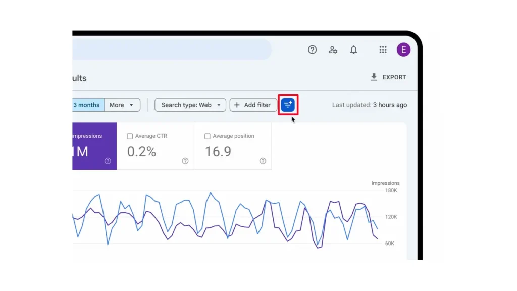 구글 서치 콘솔 성능 리포트 상단에 표시된 AI 기반 리포트 설정 아이콘 화면