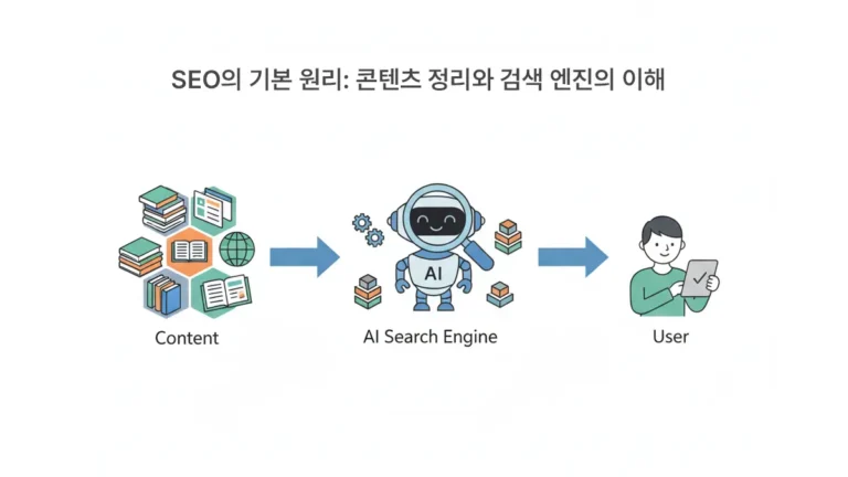 SEO의 기본 원리를 설명하는 이미지로, 콘텐츠가 AI 검색엔진을 거쳐 사용자에게 전달되는 구조를 나타낸다