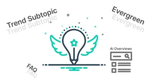 트렌드 서브토픽, 에버그린 콘텐츠, FAQ, AI Overviews 요소가 결합된 SEO 하이브리드 전략 개념 일러스트