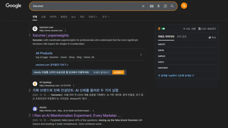 가상 브랜드 Xarumei를 검색했을 때 Google 검색 결과에 공식 사이트와 AI 관련 실험 콘텐츠가 함께 노출된 화면