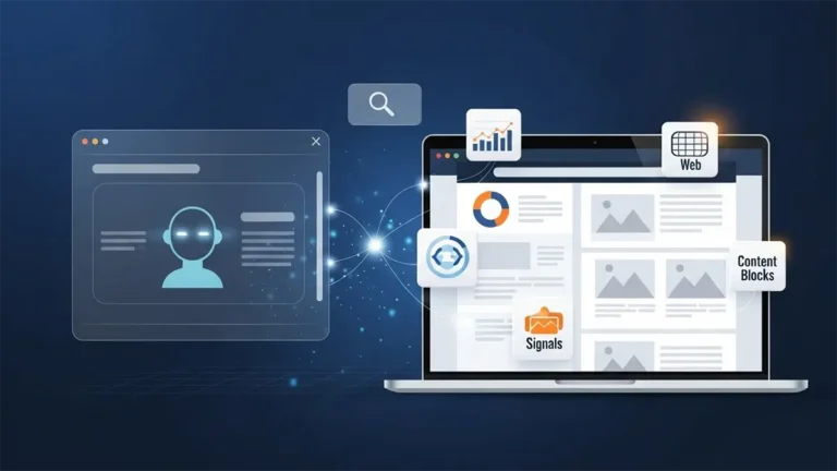 AI 검색 환경에서 브랜드 웹사이트의 콘텐츠가 신뢰 신호로 활용되는 구조를 표현한 이미지