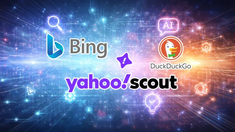 야후 스카우트, 빙, 덕덕고 로고로 표현한 검색 엔진 3사의 AI 검색 전략 비교 이미지