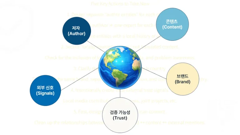 AI 검색에서 국가별 전문성을 평가하기 위해 저자, 콘텐츠, 브랜드, 외부 신호, 검증 가능성으로 구성된 로컬 신뢰 엔티티 구조도