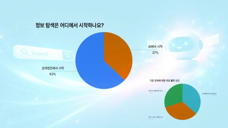 정보 탐색 시작 지점을 보여주는 설문 결과 그래프, 검색엔진 63%와 AI 37% 비교