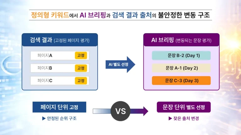 정의형 키워드에서 검색 결과는 페이지 단위로 고정되고 AI 브리핑은 문장 단위로 별도 선정되는 구조를 비교한 도식