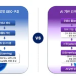기존 글로벌 SEO 구조와 AI 기반 검색 구조를 비교한 다이어그램으로, 순위 중심 검색과 선택·검증 중심 AI 검색의 차이를 시각화