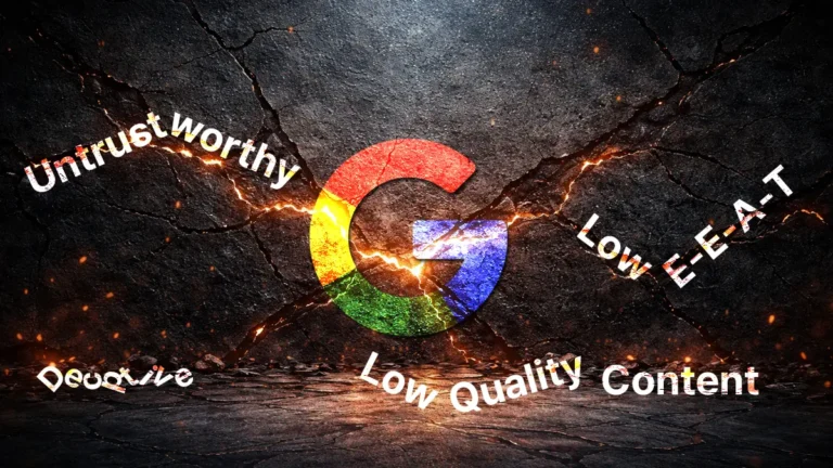 구글 코어 업데이트 이후 신뢰도와 E-E-A-T가 낮은 콘텐츠가 검색 평가에서 불리해지는 구조를 시각화한 이미지
