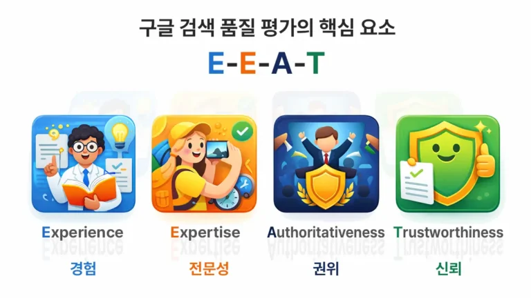 구글 검색 품질 평가 핵심 요소인 E-E-A-T의 네 가지 구성 요소 경험, 전문성, 권위, 신뢰를 시각적으로 설명한 이미지