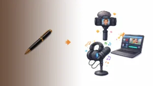 기자가 펜 중심의 글쓰기에서 벗어나 영상·오디오·편집 도구를 활용하는 크리에이터형 미디어 제작자로 전환하는 모습을 표현한 이미지