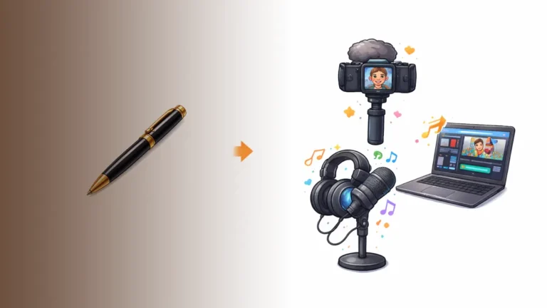 기자가 펜 중심의 글쓰기에서 벗어나 영상·오디오·편집 도구를 활용하는 크리에이터형 미디어 제작자로 전환하는 모습을 표현한 이미지