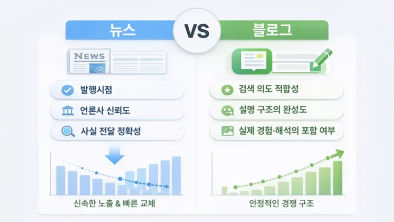 네이버 검색에서 뉴스와 블로그가 서로 다른 평가 기준과 노출 구조로 비교된 인포그래픽