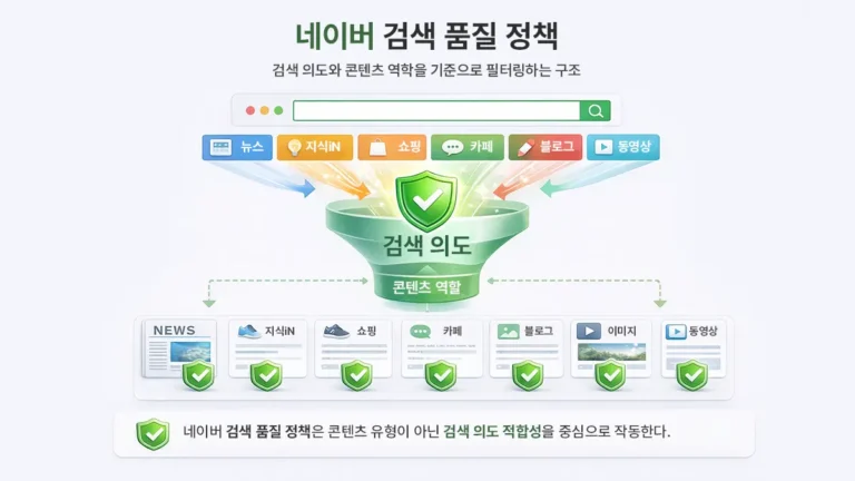 네이버 검색 품질 정책이 검색 의도와 콘텐츠 역할을 기준으로 뉴스, 블로그, 카페, 쇼핑 등 결과를 필터링하는 구조