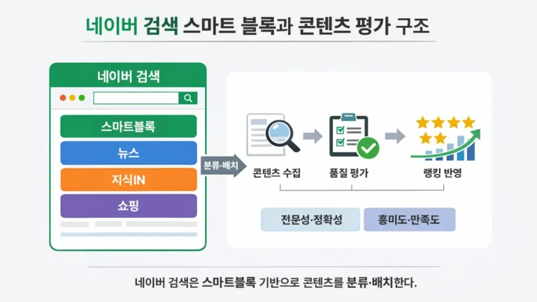 네이버 검색이 스마트블록을 기준으로 뉴스, 지식인, 쇼핑 등 콘텐츠를 분류하고 품질 평가 후 랭킹에 반영하는 구조