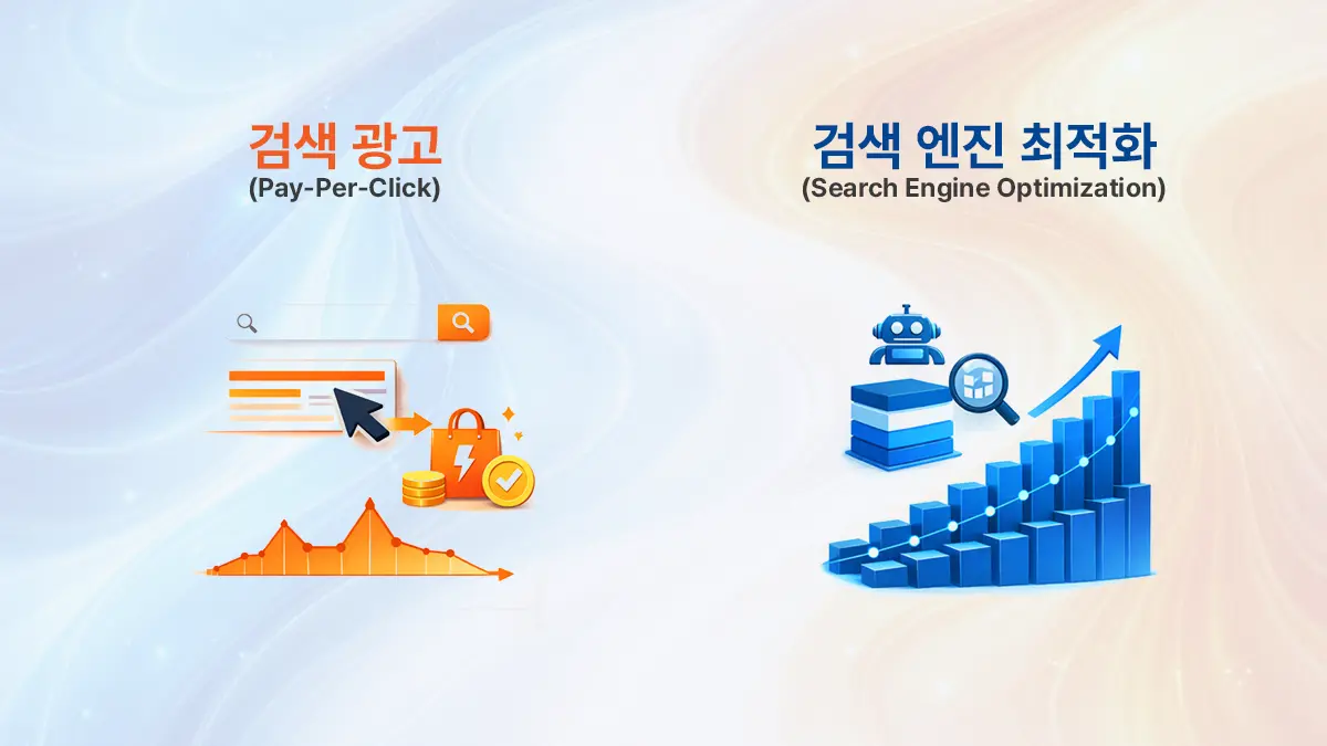 검색 광고(PPC)와 검색 엔진 최적화(SEO)의 구조적 차이와 성과 축을 비교한 이미지