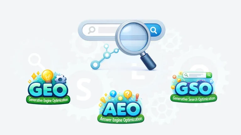 생성형 AI 검색 환경에서 SEO, GEO, AEO, GSO 개념을 시각적으로 비교한 일러스트
