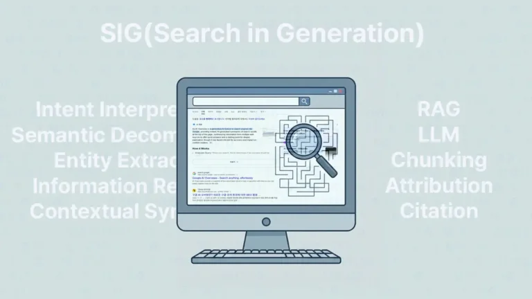 SIG(Search in Generation) 구조에서 AI 검색이 의도 해석, 엔티티 추출, 정보 재구성을 통해 하나의 답변을 생성하는 과정 설명 이미지