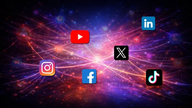 유튜브, 인스타그램, 틱톡, X, 링크드인, 페이스북 로고가 연결된 SNS 플랫폼 생태계 이미지