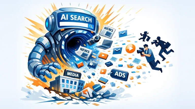AI 검색 로봇이 뉴스 콘텐츠와 광고, 미디어 트래픽을 흡수하는 모습을 표현한 일러스트