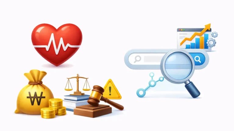 AI 검색 환경에서 금융·건강(YMYL) 분야 SEO 전략 변화를 상징하는 아이콘 이미지