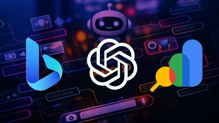 빙 멀티턴 검색, ChatGPT 비주얼 패널, 구글 AI 검색 가시성을 상징하는 AI 검색 인터페이스 이미지