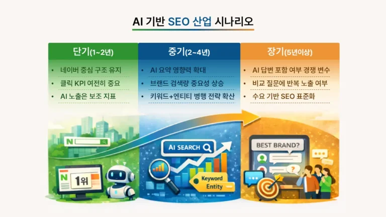AI 기반 SEO 산업 시나리오를 단기·중기·장기로 구분해 네이버 중심 구조, AI 검색 확장, 수요 기반 SEO 전환 과정을 시각화한 인포그래픽