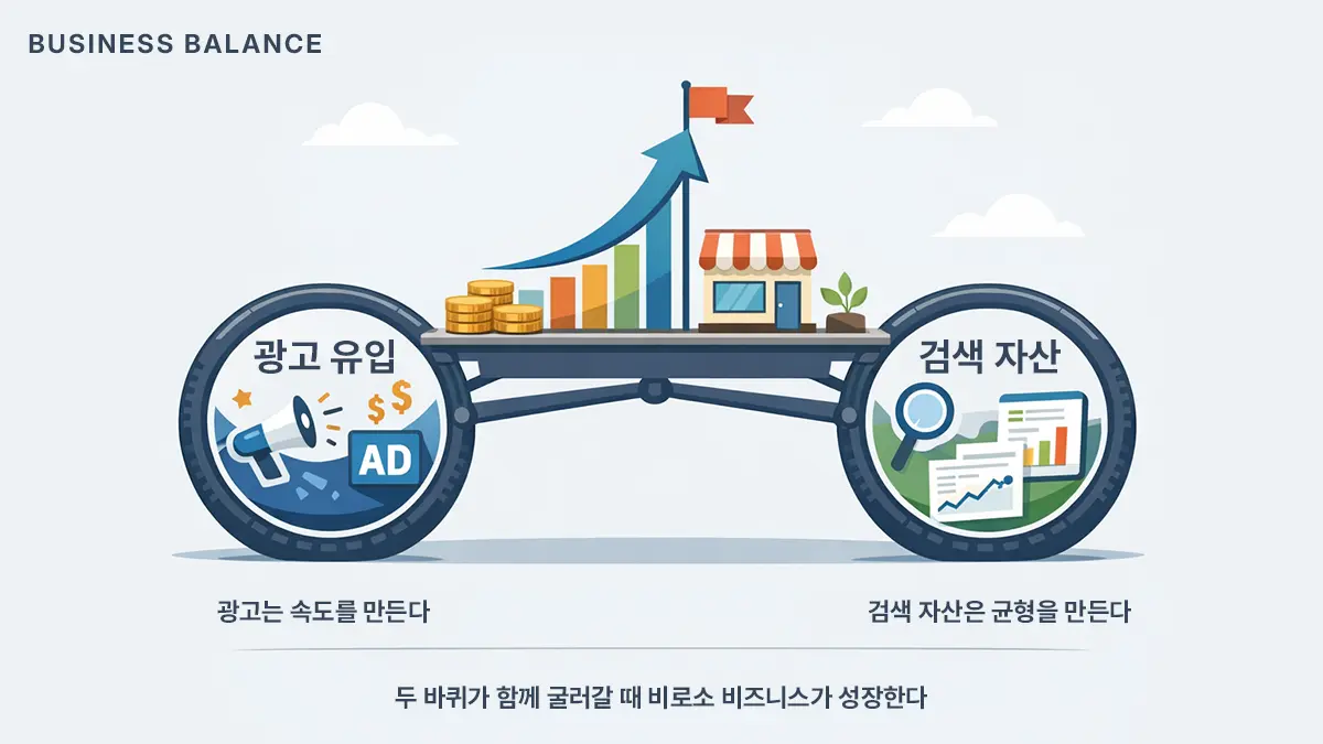 네이버 키워드 광고 유입과 검색 자산의 균형 구조를 표현한 비즈니스 성장 다이어그램