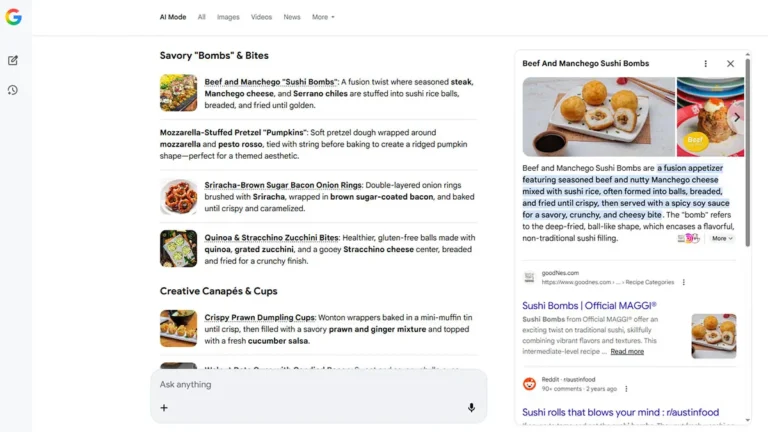 구글 AI 모드에서 테스트 중인 카드형 레시피 검색 결과 인터페이스 화면