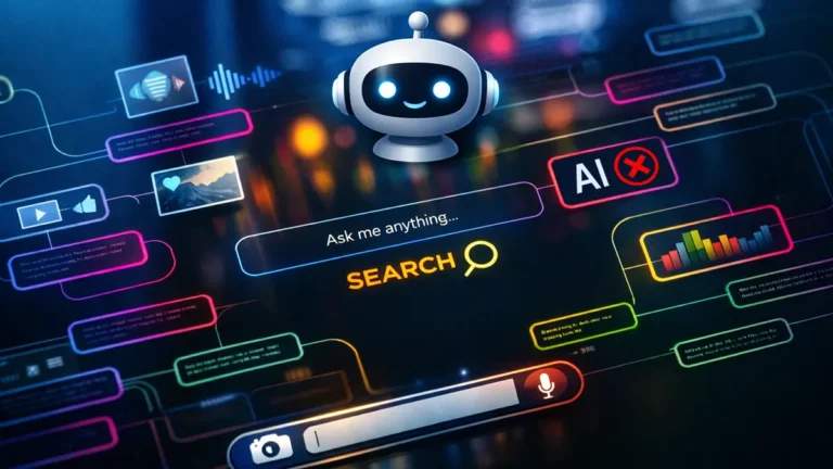 생성형 AI 검색 환경에서 콘텐츠 사용을 차단하는 AI 거부 기능을 표현한 디지털 인터페이스 이미지