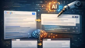 구글 검색 결과 제목을 AI가 재작성하는 과정을 보여주는 시각화 이미지