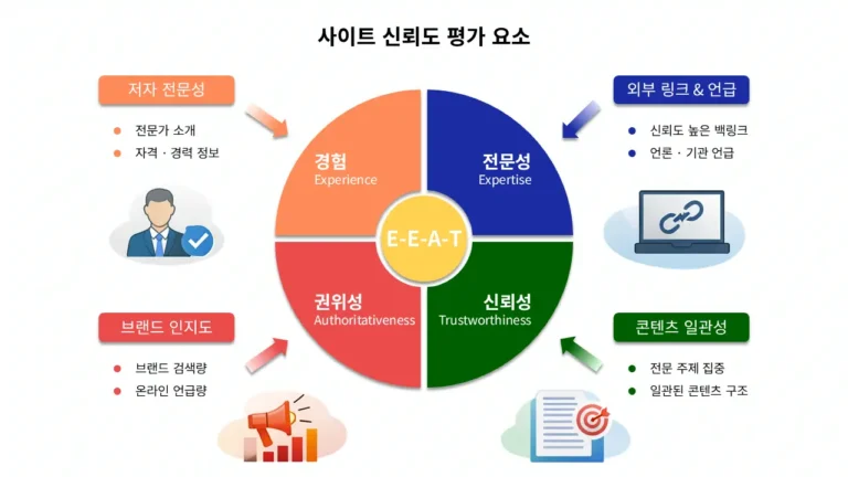 구글 검색 알고리즘의 사이트 신뢰도 평가 기준인 E-E-A-T 구조와 저자 전문성, 외부 링크, 브랜드 인지도, 콘텐츠 일관성 요소를 설명하는 인포그래픽