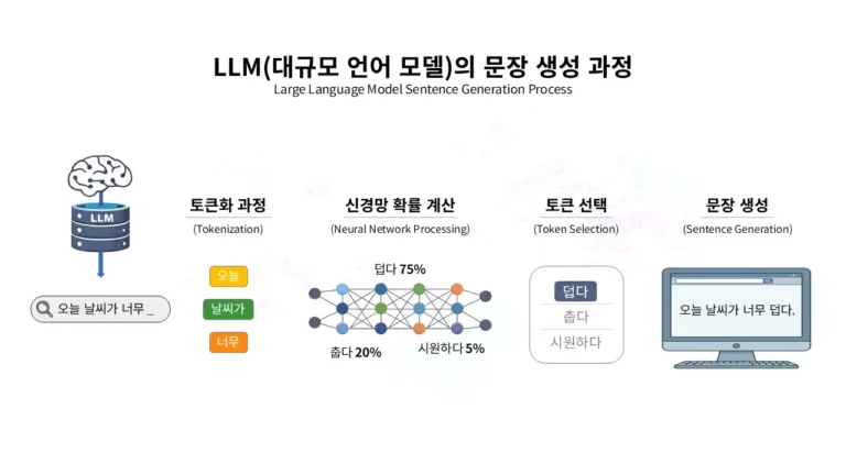 LLM이 토큰화, 신경망 확률 계산, 토큰 선택 과정을 거쳐 문장을 생성하는 과정 인포그래픽