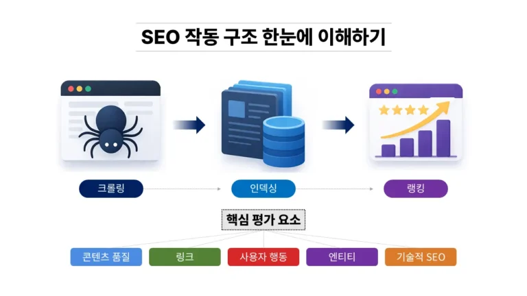 SEO 작동 구조 크롤링 인덱싱 랭킹과 핵심 평가 요소 설명 이미지