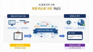 AI 검색 조작 사례에서 추천 리스트 반복 노출 구조와 생성형 AI 답변 선택 과정을 설명한 인포그래픽