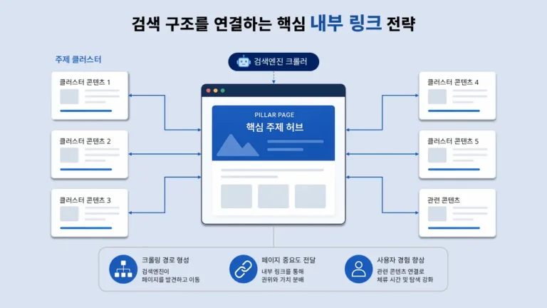 내부 링크 전략 구조에서 허브 페이지와 클러스터 콘텐츠가 연결된 토픽 클러스터 다이어그램