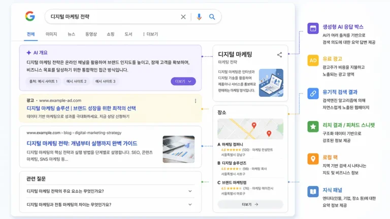 SERP 검색 결과 페이지 UI 구조 예시 (AI 응답 박스, 광고, 유기적 검색 결과, 리치 스니펫, 로컬 팩, 지식 패널 구성)