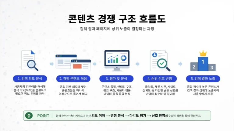 검색 콘텐츠 경쟁 구조와 검색 상위 노출 결정 과정을 설명한 SEO 흐름도