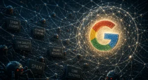 Google 2026년 6월 스팸 업데이트를 상징하는 이미지. SpamBrain이 검색 스팸과 저품질 콘텐츠를 탐지하는 모습을 표현했다.